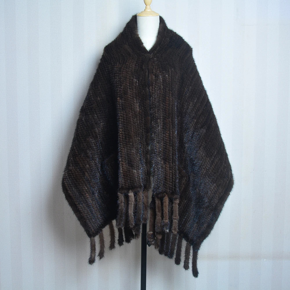 2025 Women Genuine Knitted Mink Fur Showl Scarf Lady 100%Natural Real Mink Fur Shawl With Tassel Fashion Mink Fur Ponchos 250120
