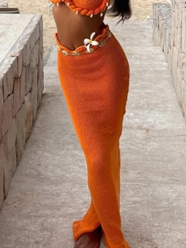 Knitted Bra Top Skirt Sets Women Shell Twist Strap Sleeveless Backless Corset Long Skirts Suits Female 2 Pieces Seaside Vacation 250122