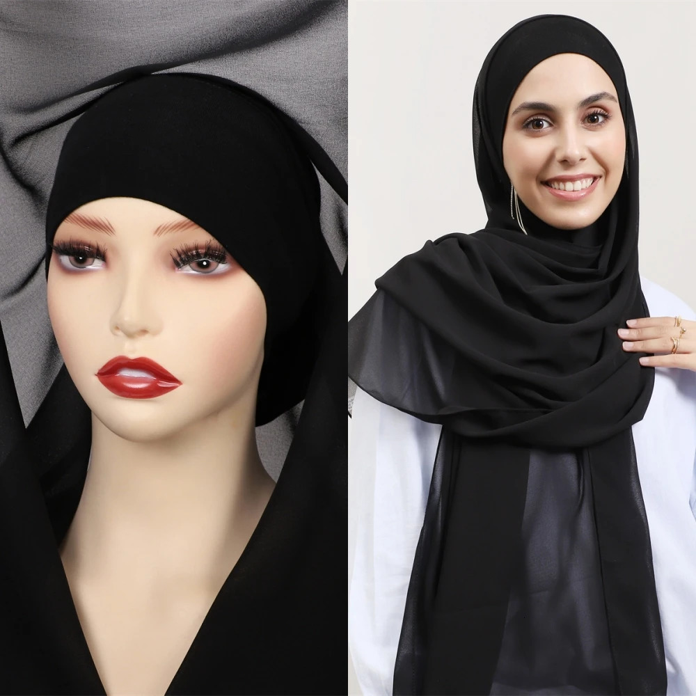 Premium Instant Chiffon Hijab Wrap With Bulit-in Magnets Solid Color Muslim Women Scarf Shawl with Undercap 250121
