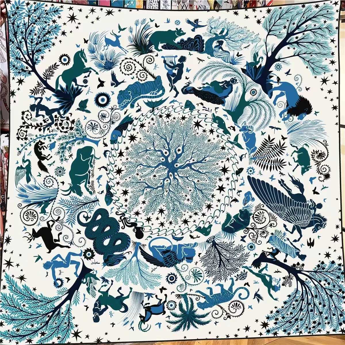 POBING 30% Silk 70% Cashmere Scarf Women Hand Rolled 12 Zodiac Sign Print Square Scarves Wrs Bandana Big Hijabs Female Foulard W250118