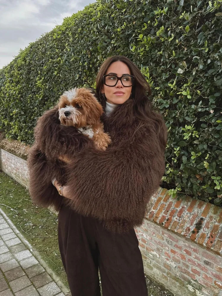 2025 Winter Lapel Thicken Fluffy Fur Coat Women Chic Brown Oversized Full Sleeve Plush Furry Jacket Lady High Streetwear 250115