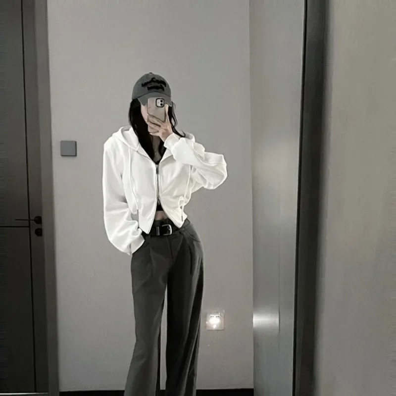 Cropped Zipper Hoodies Women White Casual Y2k Vintage Preppy Style Hooded Sweatshirt Korean Streetwear Harajuku Fashion 250109