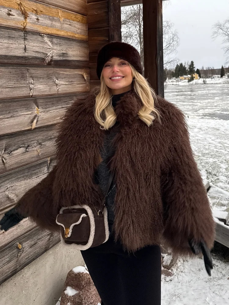 2025 Winter Lapel Thicken Fluffy Fur Coat Women Chic Brown Oversized Full Sleeve Plush Furry Jacket Lady High Streetwear 250115