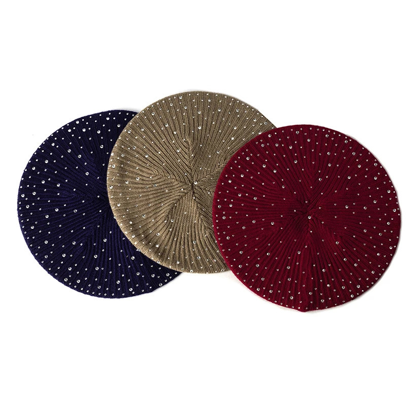 Handmade Women Rhinestone Beret Adult Knitted Stripe Solid Hat Female Ladies Warm Flexible Berets Girls Lady Casual Bonnet 250120