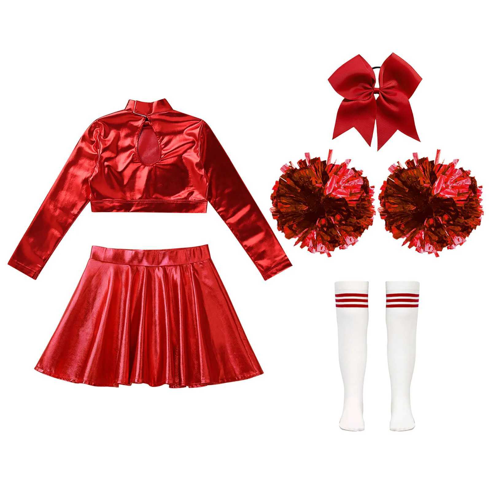 Girls Cheerleading Dance Outfit Long Sleeves Mock Neck Crop Top with A-Line Skirt Headwear Hand Flowers Socks Set for StageW250121