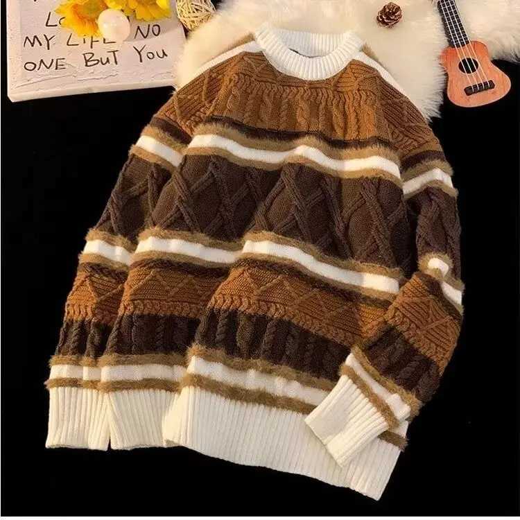 American winter new men and women trendy personalized round neck sweater for couples loose retro casual knit sweater top y2k W250117