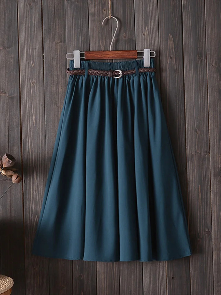 Midi Knee Length Summer Skirt Women With Belt Fashion Korean Ladies High Waist Pleated Aline School Female 250121