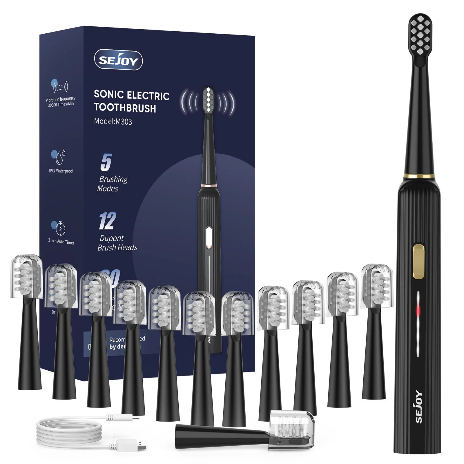 SEJOY Sonic Electric Toothbrush Rechargeable For Adult Rotating With 12 Brush Heads 5 Modes Timer 250115