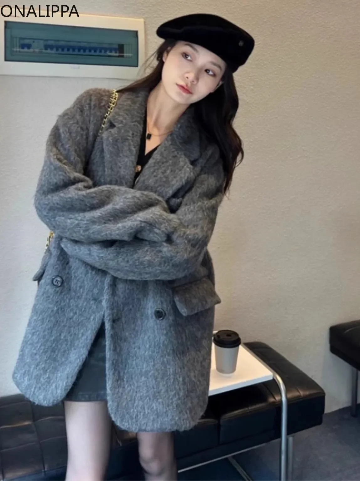 Onalippa Notched Collar Wool Coat Women Solid Double Breasted Jackets Korean Loose Midlength Winter Warm 250113