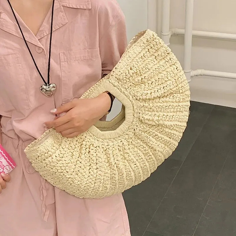 Summer Straw Women Half-moon Beach Handbag Rattan Handmade Handle Fashion Kintted Tote Bag 250207