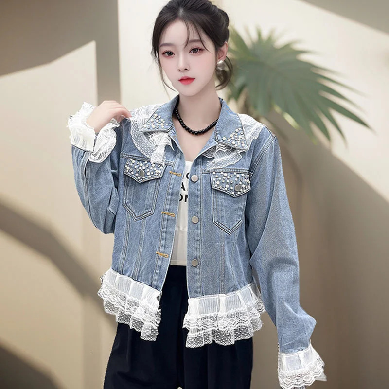 Women Denim Jacket 2025 Fashion Lace Patchwork Spring Autumn Casual Jeans Coat Outerwear Top Large Size 5XL 250113