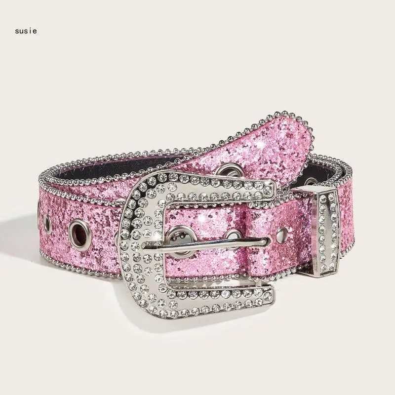 X7YA Pink Color Waist Belt Western Full Diamond Belt Cowgirl Cowboy Belt W250120