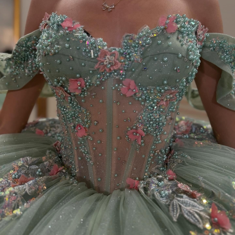 Mint Green Quinceanera Dresses Ball Gown Off Shoulder Appliques Lace Beading Crystal Bow Tull Corset Birthday Payty Sweet 16 Dress Vestidos 15 De Anos