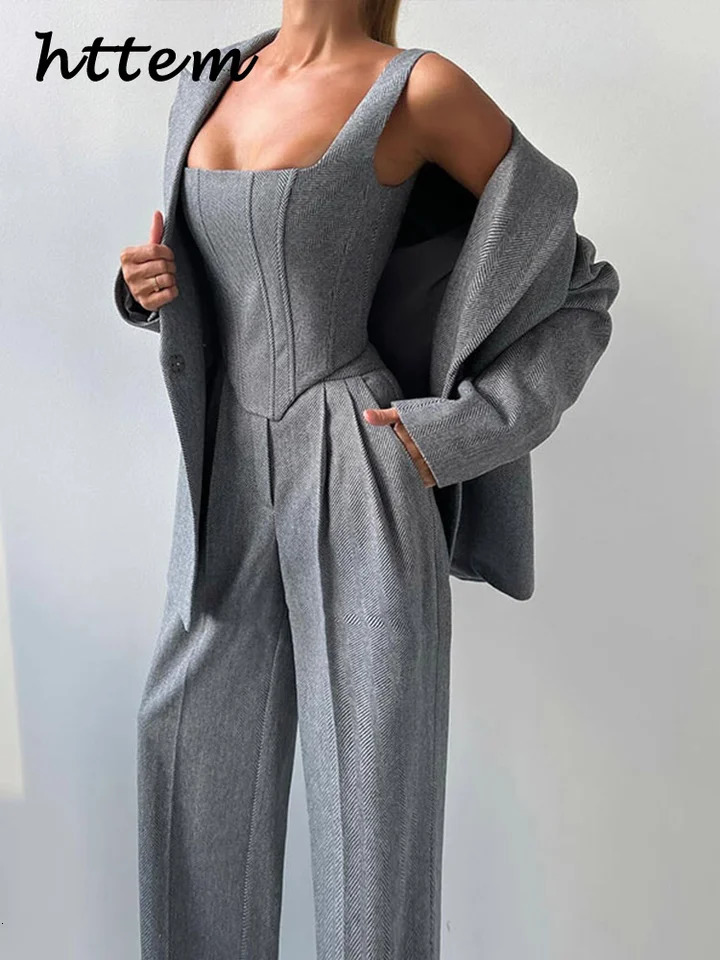 Fishbone Top Blazer Pants Sets 3 Pieces For Women Solid One Button Jacket Crop Tops High Waist Pocket Pant Lady Office Set 250118