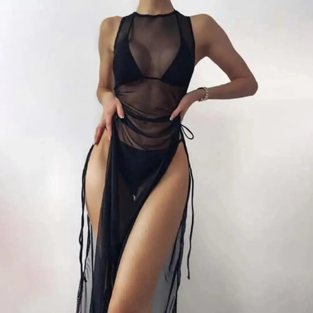 Oneck Side High Split Shirring Cover Up Dres Mesh Transparent Sleeveless Sunscreen Dress For Vacation y250120