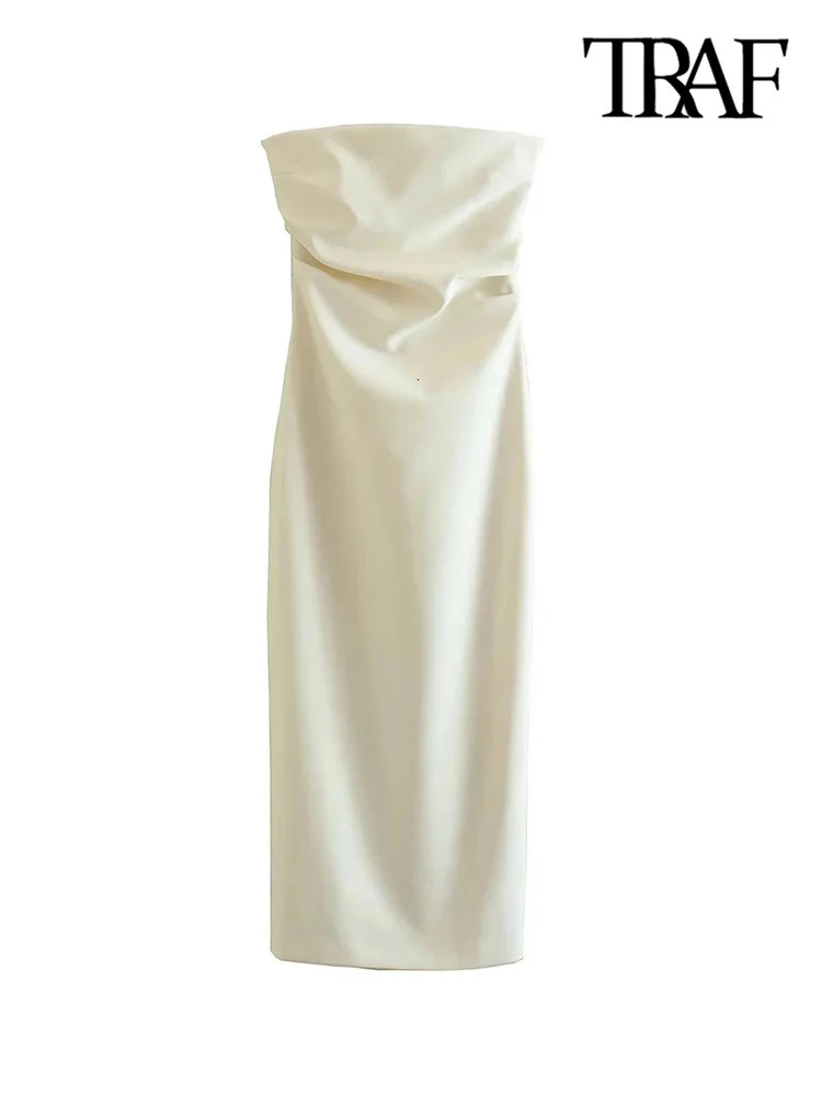 TRAF Women Fashion Strapless Gathered Midi Dress Sexy Straight Neck Back Slit Female Dresses Vestidos Mujer 250121