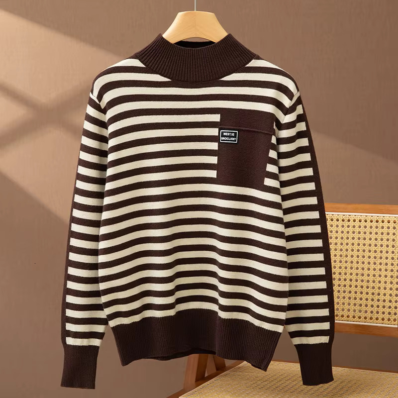 Autumn Winter Women Wool Fashion Soft Sweater Female Half-High Collar Strip Pullover Loose Casual Knitwear Bottomming Tops
