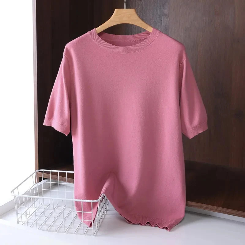 Superfine Merino Wool T Shirt Mens Knitted Oneck Breathable Thin Cashmer Short Sleeve Tee Solid Color Tops 250108