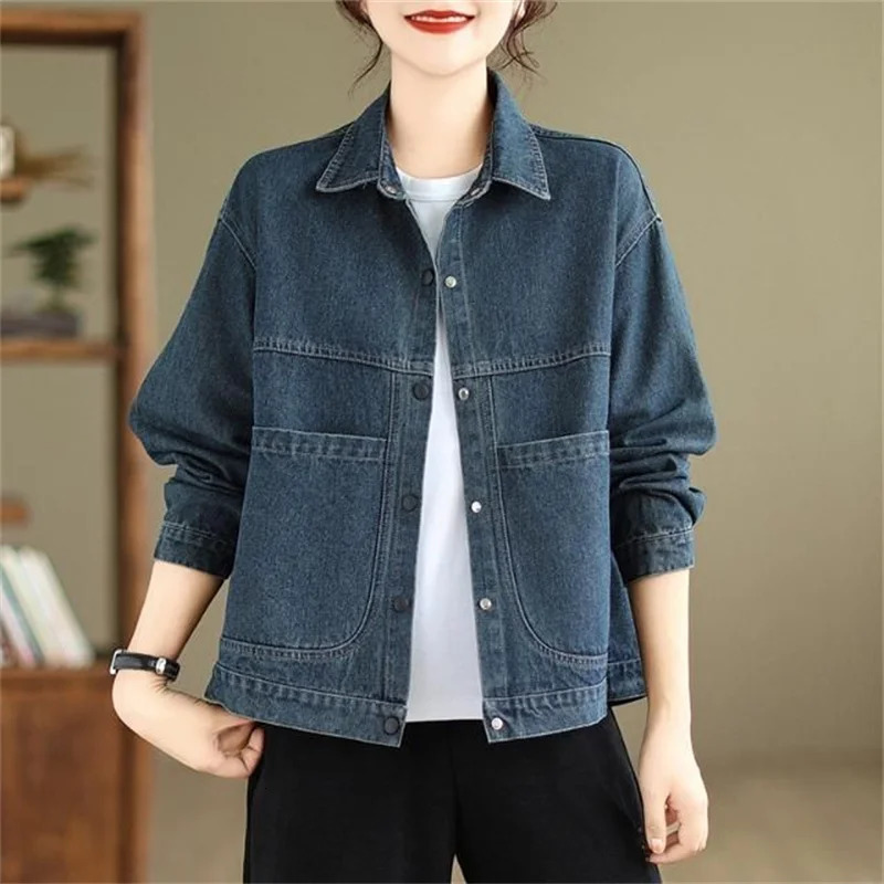 2024 Autumn Women Denim Jacket Retro Long Sleeve Jeans Female Loose Casual Coat Outwear Overwear 250113