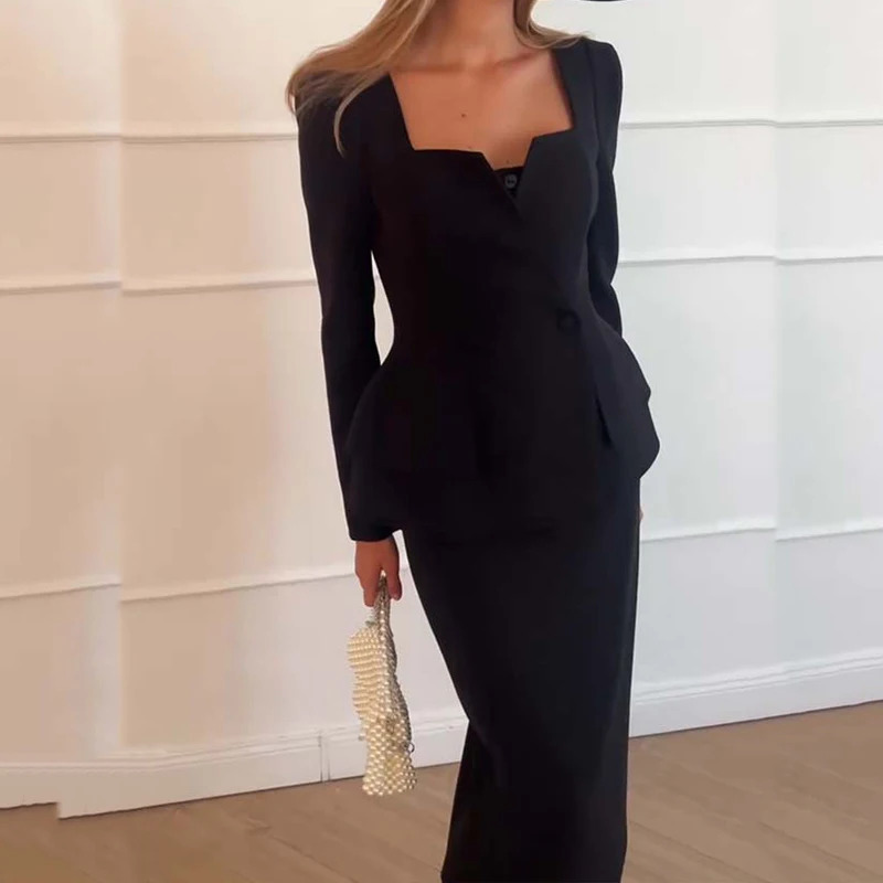 Elegant Square Collar Long Sleeve Blazer Long Skirts Suit Women Chic Double Breasted Jacket Work Outfit Solid 2Pcs Suit 250122