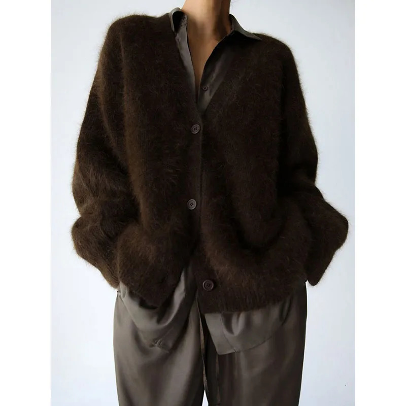 Ladies Wool Knitted Sweater Cardigan Europe And America Autumn And Winter Lazy Loose Long-Sleeved V-Neck Sweater Coat 250118