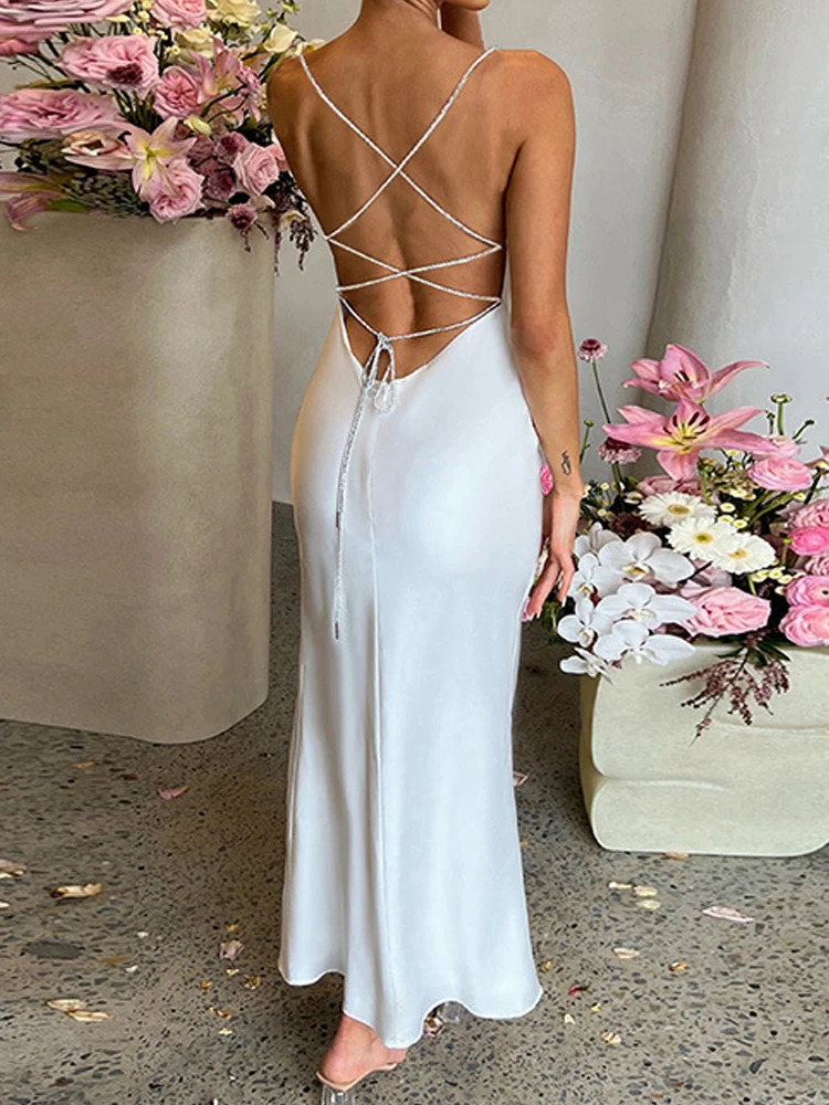 Summer Sexy Backless Dress Womens Solid Color Slim Lace Up Long Dresses Fashion Elegant Formal Dress Split Party Camisole Dress 250121