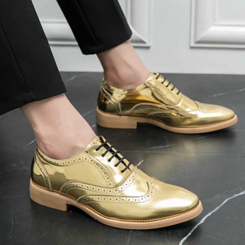 Mens Shoe Gold Patent Leather Luxury Fi Groom Dress Wedding Shoes for Men Designer Italian Style Oxford Shoes Free ShippingXJ250118