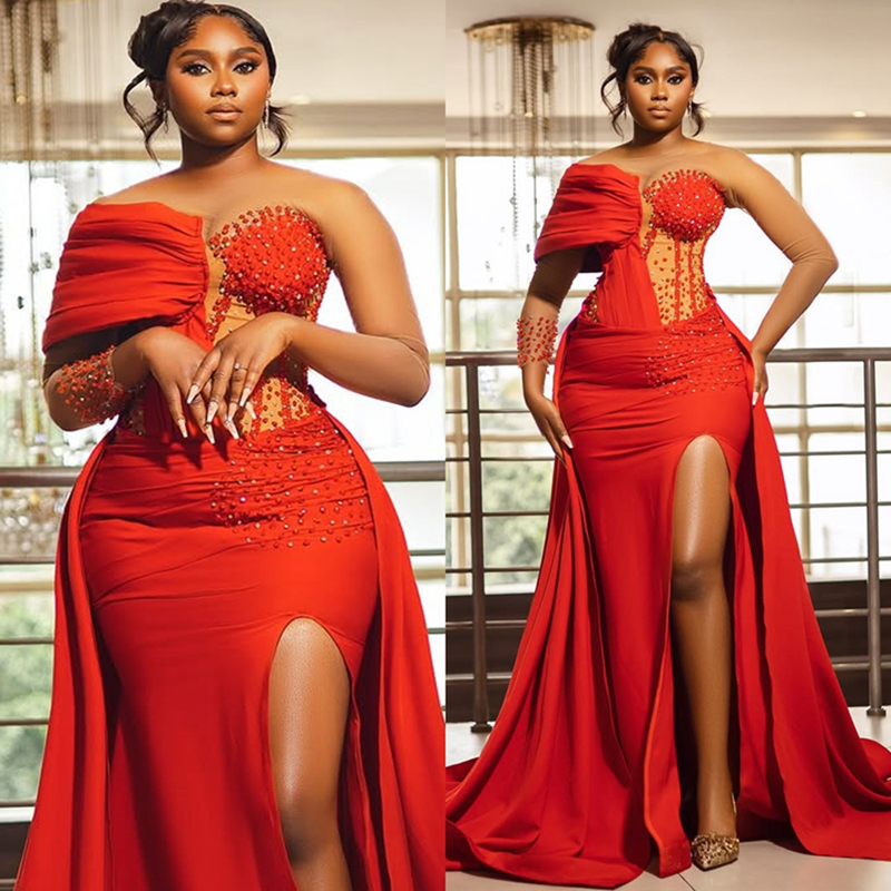 2025 Red Aso Ebi Prom Dresses Mermaid Evening Gowns For Black Women Illusion Sheer Neck Long Sleeves Beaded Side Split Birthday Dress Second Reception