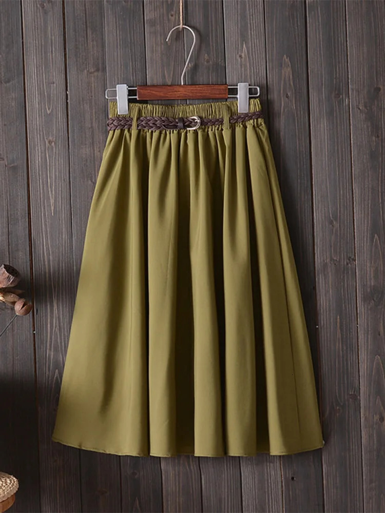 Midi Knee Length Summer Skirt Women With Belt Fashion Korean Ladies High Waist Pleated Aline School Female 250121