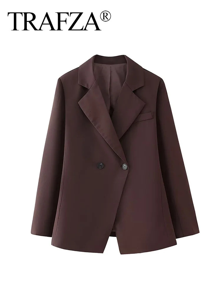 TRAFZA Female Coats Solid Brown TurnDown Collar Long Sleeves Pockets 2 Buttons Blazers Autumn Womans Clothing Vintage 250120
