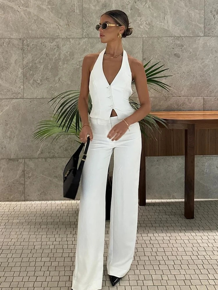 Fashion Suit Long Pants Sets Women Spring Summer V Neck Halter Vest High Waist Wide Leg Pants 2 Pieces Sets Lady Chic Streetwear 250118