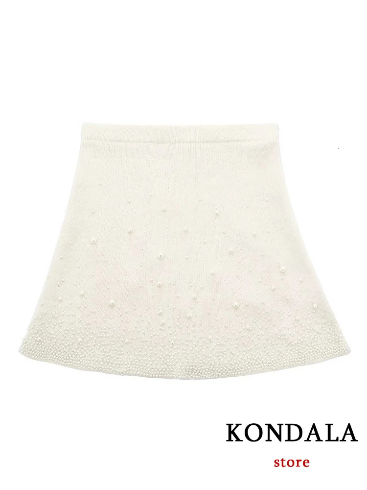 KONDALA Vintage Knitted Pearl Women Suits Long Sleeve O Neck Thick SweaterHigh Waist Knit Skirts Fashion 2025 Elegant Set 250122