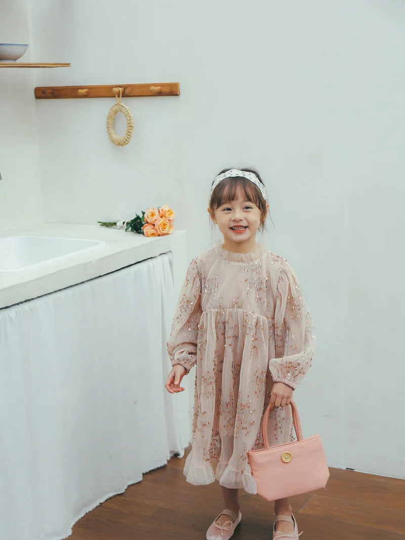 deer jonmi Spring Baby Girls Pink Princess Dresses Sequins Puff Sleeve Ball Gown Children Birthday Party Dress 250120