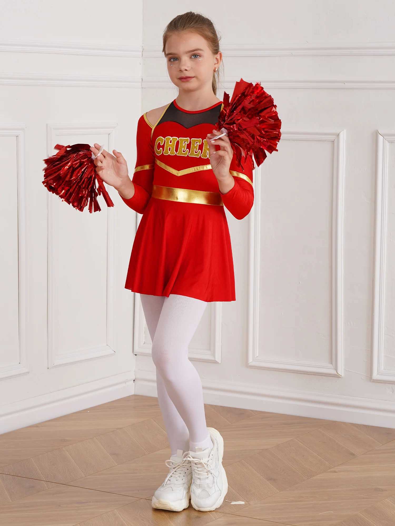 Kids Cheer Dance Outfits School Girls Cheerleading Uniforms Children Long Sleeve Leotard Dress with Hand Flowers for CosplayW250121