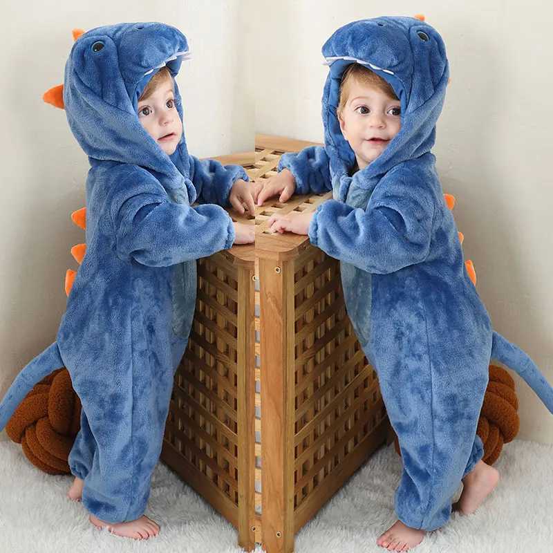 Halloween Dinosaur Winter Baby Romper Kigurumi Costume Flannel Hooded Bodysuit Pajamas Animal Overall Jumpsuit For Girl Boy 0-4T W250117