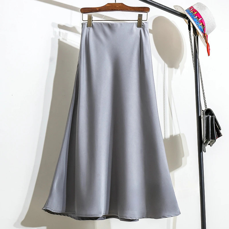 High Waisted A-line Skirt for Women Satin Silk Solid Elegant Skirts Office Lady Elastic Waist Womens Long Skirt Summer 250118