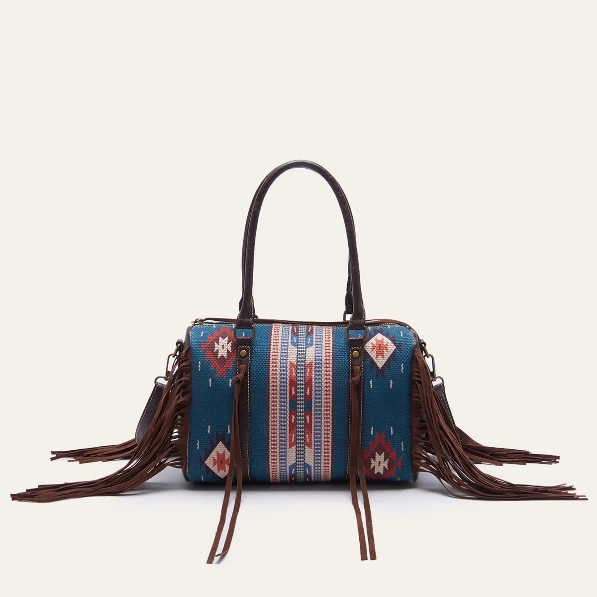 National Style Indian Print Handbag for Women Linen Tote Pu Leather Shoulder Bag Purse Multifunctional Handbags 250122