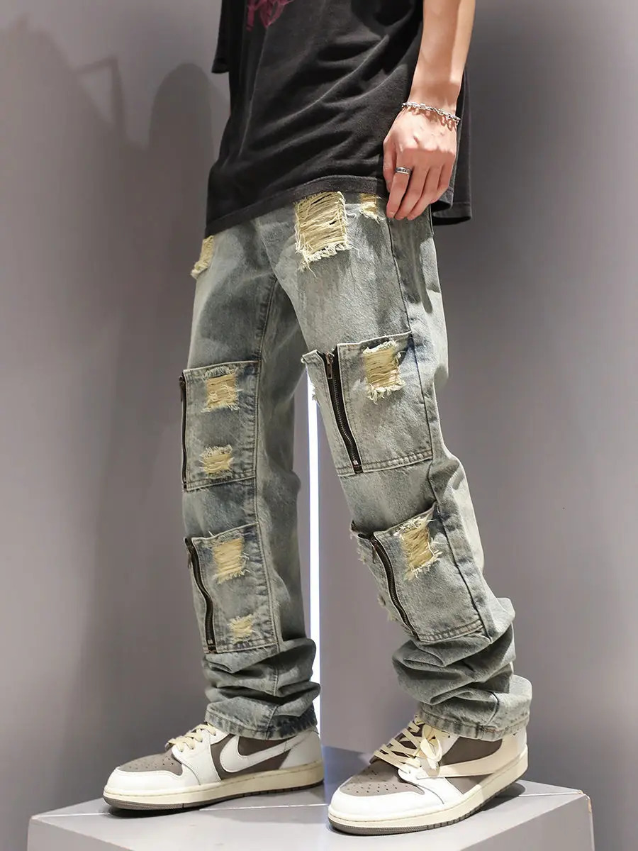 Multi Zipper Pocket Washed and Perforated Jeans for Men and Women Street Personalized Straight Leg Retro Casual Pants y2k 250118