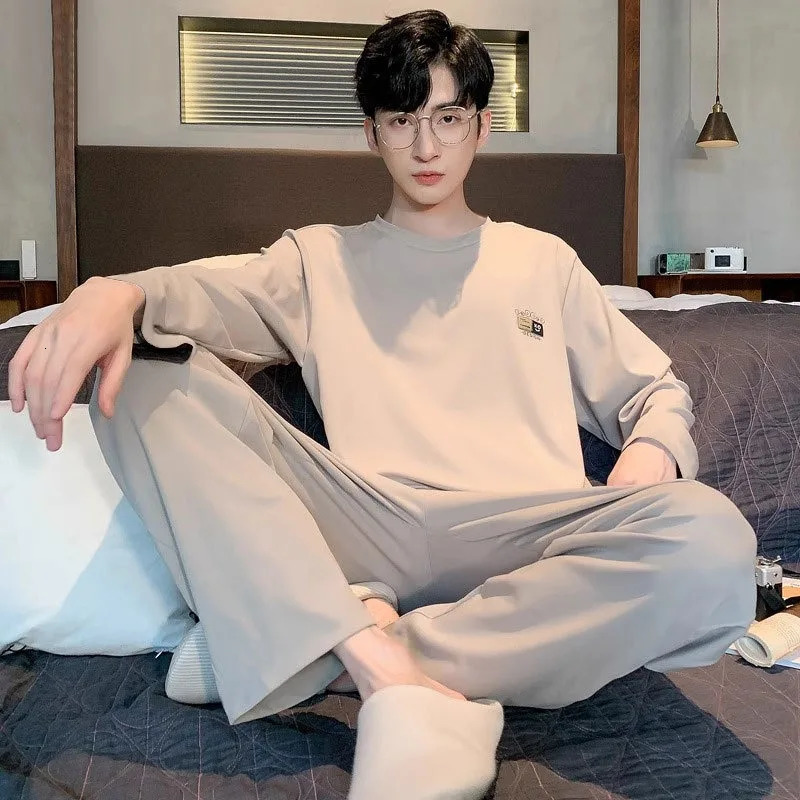 Cotton Pajamas Men Long-Sleeved Teenagers Large Size Nightwear Homewear Round Neck Cartoon Dinosaurs Sleepwear Loungewear 250108