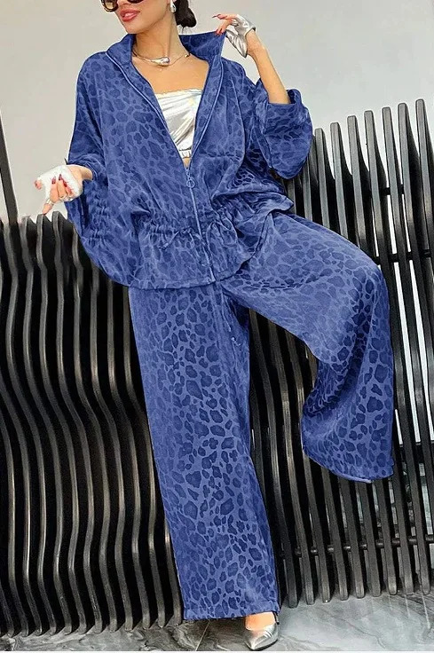 Spring Autumn Fashion Leopard Print 2 Piece Sets Women Fall Lapel Zipper Drawstring Coat Wide-leg Pants Outfit Long Sleeve Suit 250107