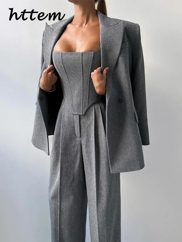 Fishbone Top Blazer Pants Sets 3 Pieces For Women Solid One Button Jacket Crop Tops High Waist Pocket Pant Lady Office Set 250118