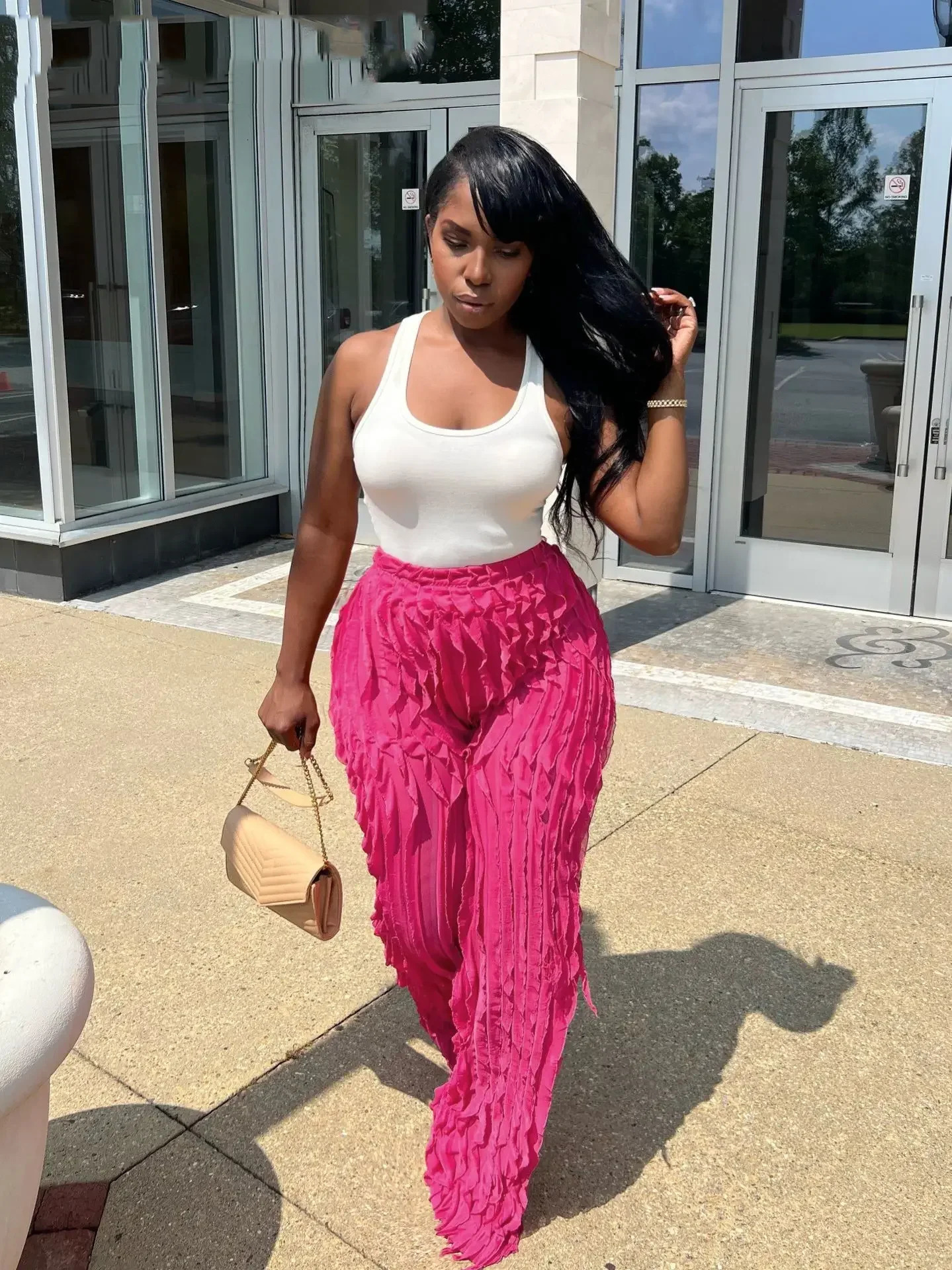 Women Wave Ruffles Wide Leg Pants Streetwear High Waist Sweatpants Trousers 250108