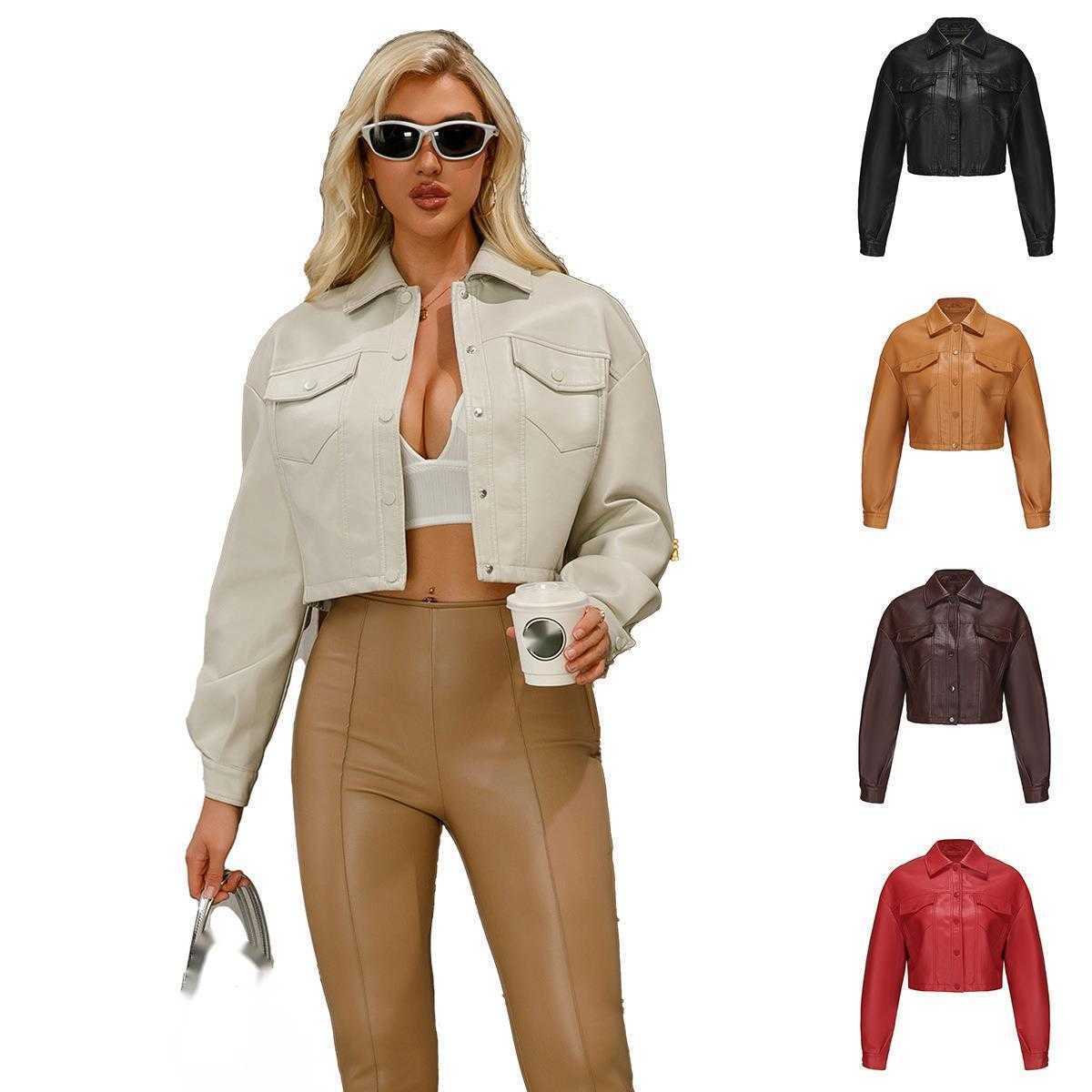 Spring Autumn Loose Casual Leather Clothes Womens Long Sleeved Single Breasted Womens Short Jacket Flip Collar Fashion Womens Leather Womens Jacket 24