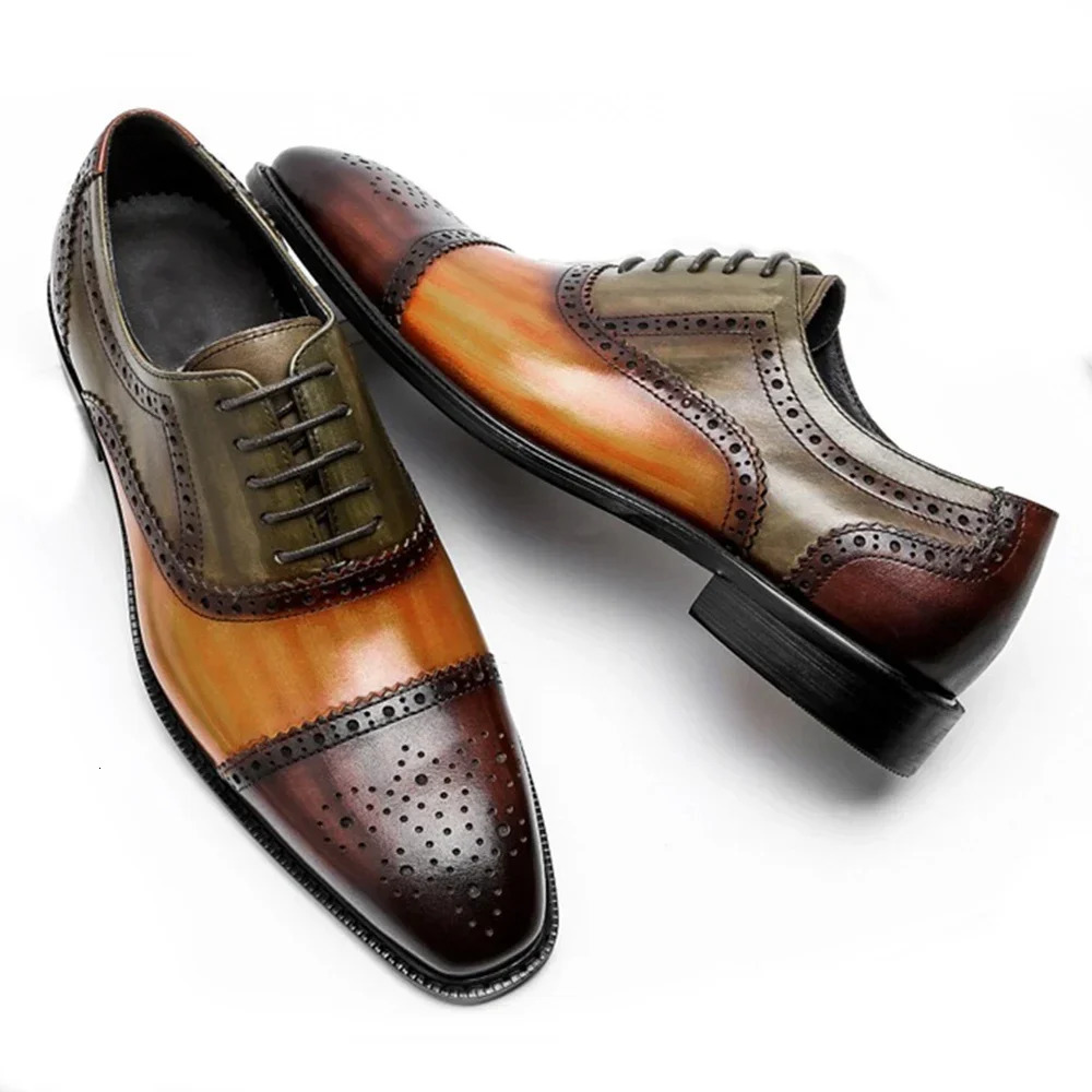 Color Block Genuine Leather Mens Formal Oxford Shoes Cap Toe Lace Up Brogue Business Party Elegant Gentleman Dress Shoes for Men 250113