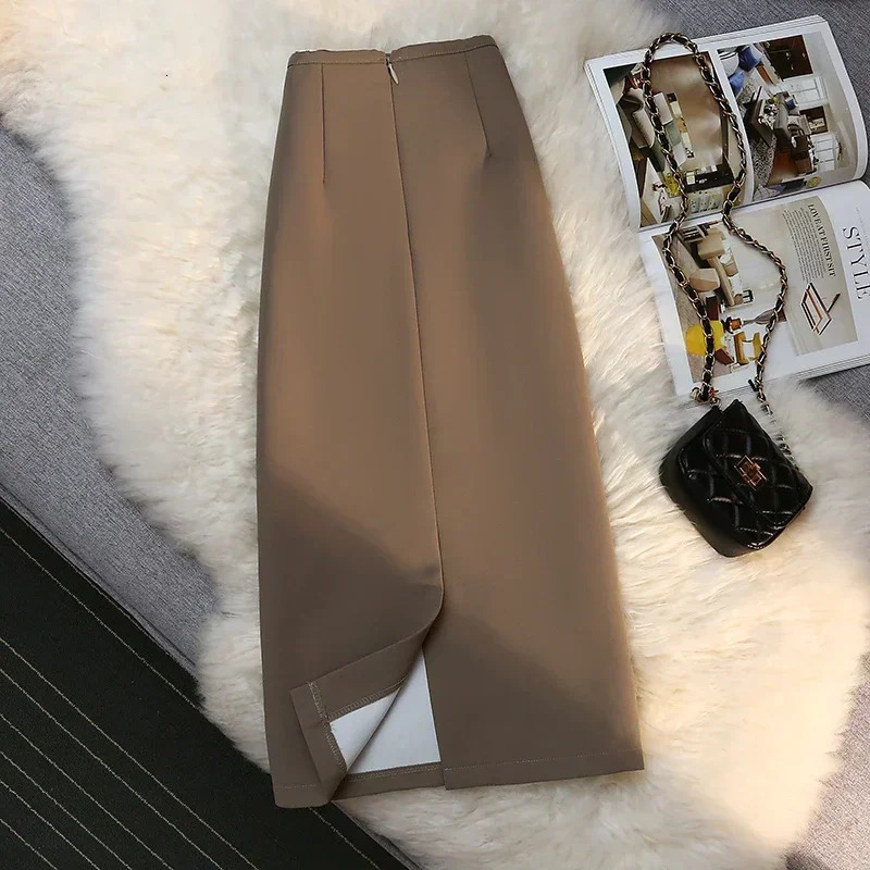 Fashion Elegant Formal Skirts Women Autumn High Waist Drape Suit Long Brown Skirt Zipper Female 250118