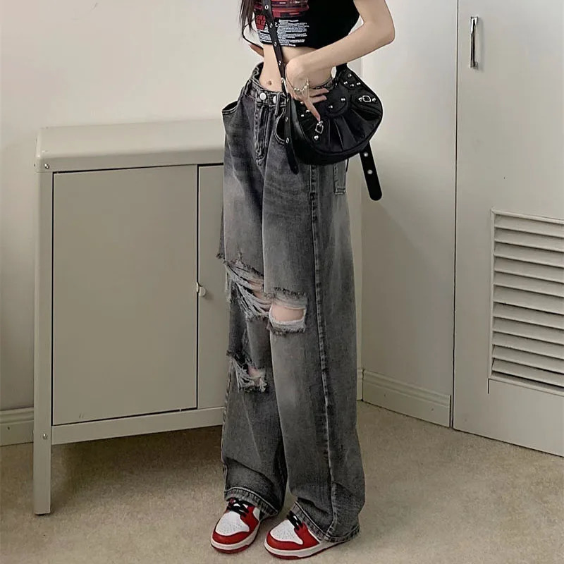 Y2K Ripped Denim Pants for Women Spring Button High Waisted Baggy Washed Hole Vintage Jeans Casual All-Match Straight Trousers 250117