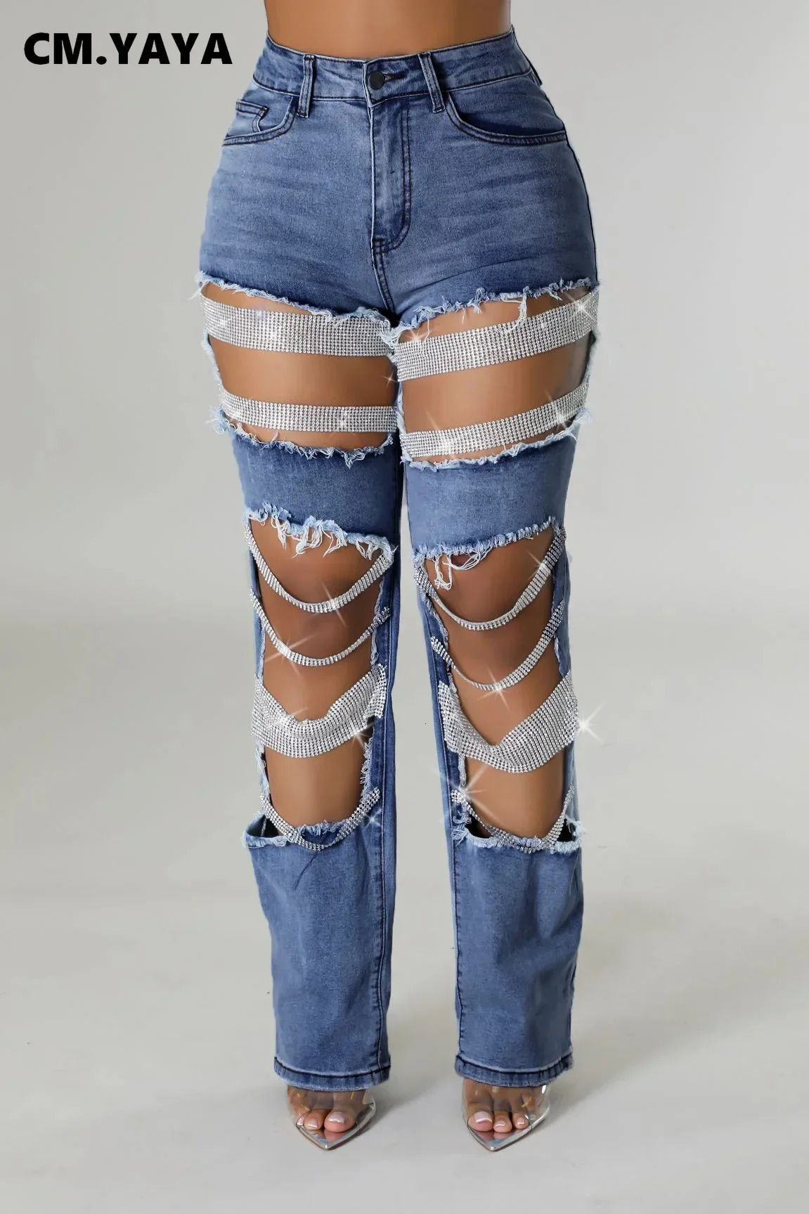 CM.YAYA Women Fashion Pearl Beading Ripped Hollow Out Tassel Wide Leg Jeans Summer INS Street Denim Pants Trousers 250117
