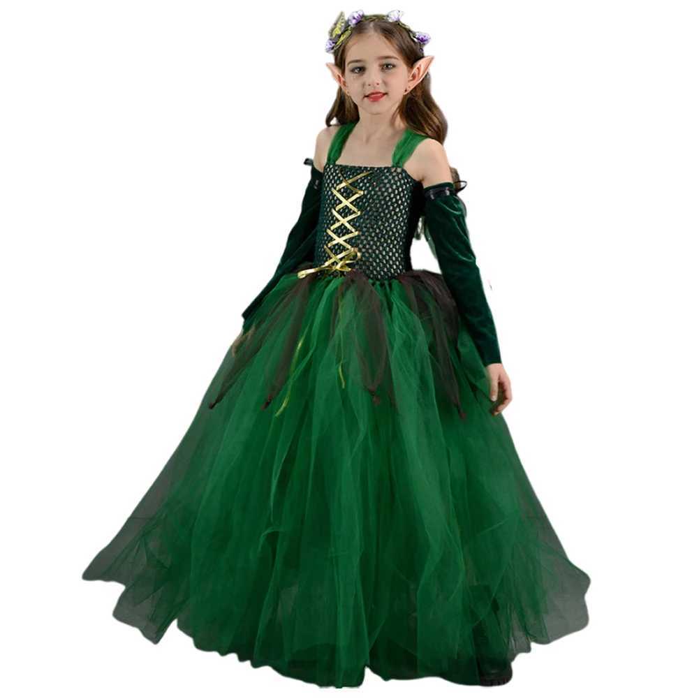 Kids Girls Elf Cosplay Tutu Dance Skirts Costume Children Roleplay Dress Up Performance Stage Dress Elf Earrings Halloween Cloth W250117