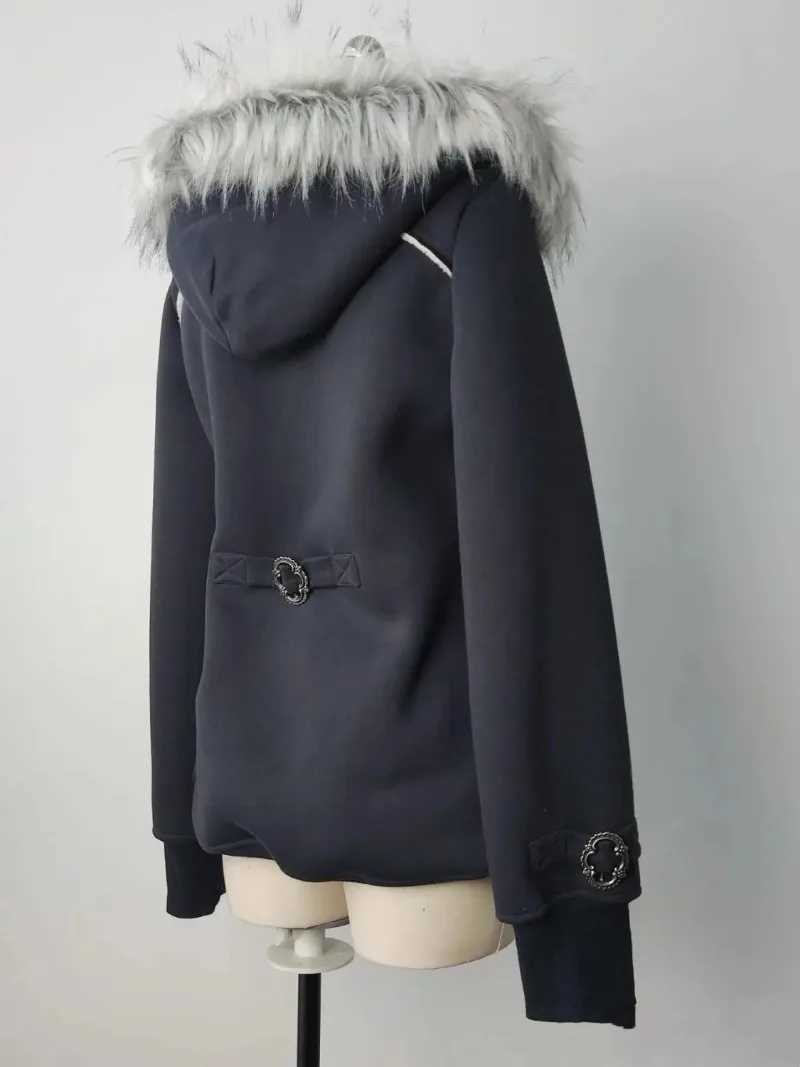 Y2K Gothic Printed Fur Collar Zipper Hoodie Womens Retro Millennium Hot Girl Ultra Thin Warm Harajuku Korean Street Casual Hoodie W250117