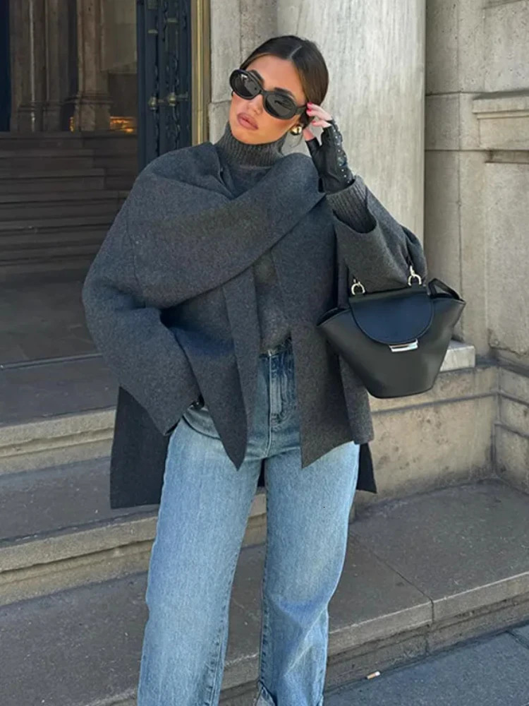 ZBZA Womens Asymmetric Scarf Knitted Jacket Oneck Single Button Side Slit Solid Loose Coat Winter Female Chic Outerwear 250109